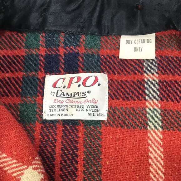 Vintage Campus C.P.O CPO Wool Blend Red Plaid Shirt Jacket Jac Large 16-16 1/2 - Picture 9 of 9